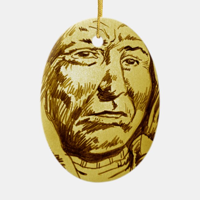 Indian Chief Pencil Sketch Ceramic Tree Decoration (Front)