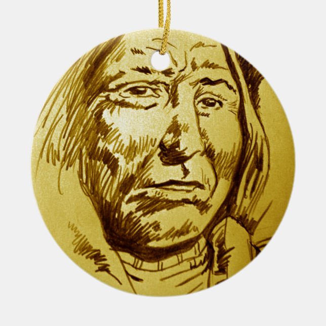 Indian Chief Pencil Sketch Ceramic Tree Decoration (Front)