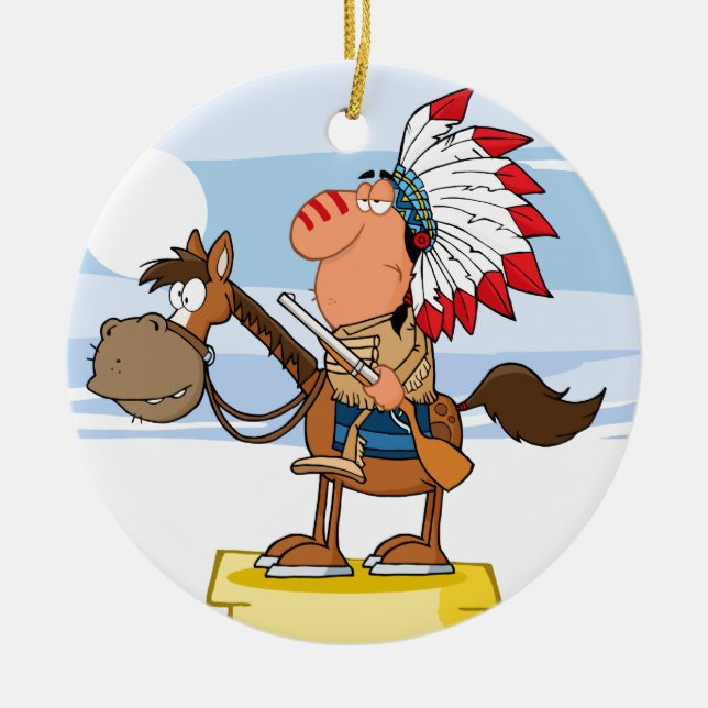 Indian Chief With Gun On Horse Ceramic Ornament (Front)