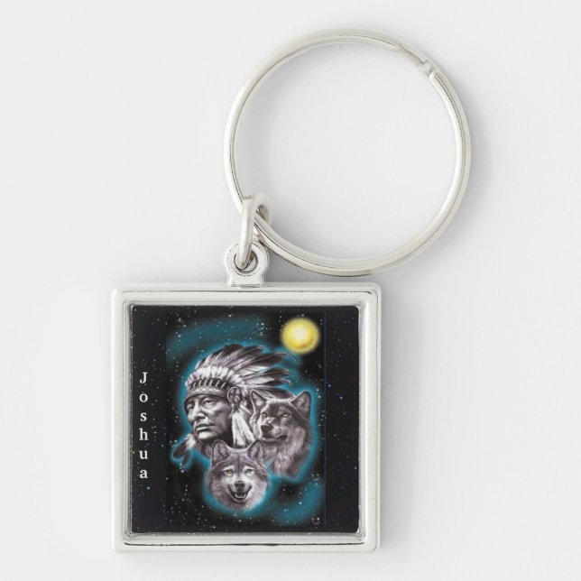 Indian Chief & Wolves Key Ring (Front)