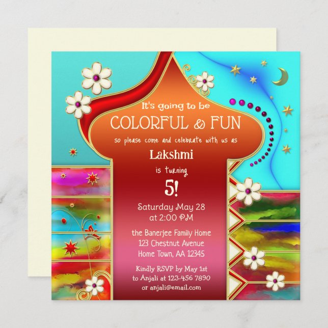 Indian Colorful Floral Fantasy Birthday Party Invitation (Front/Back)