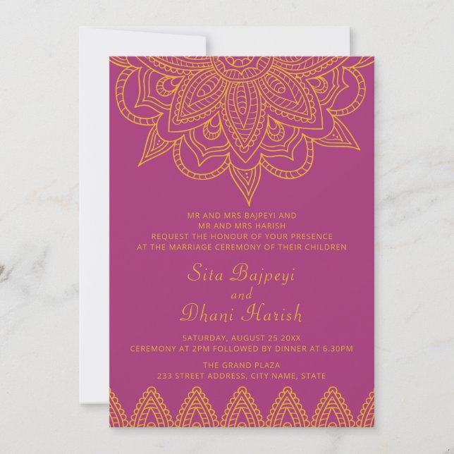 Indian Colourful Pink Orange Mehndi Hindu Wedding Invitation (Front)