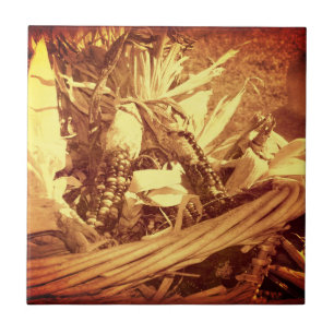 Indian Corn In Basket Vintage Look Ceramic Tile