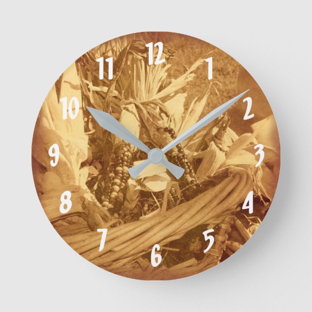 Indian Corn In Wicker Basket In Vintage Sepia Round Clock (Front)