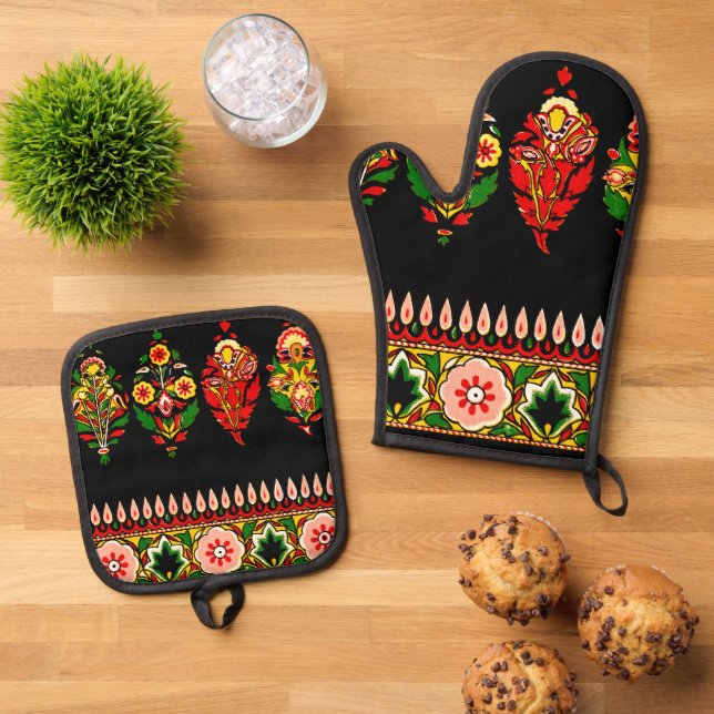 Indian Cotton Fabric  Oven Mitt & Pot Holder Set (Top Down)