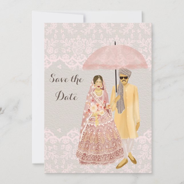 Indian Couple Illustration with pink umbrella Save The Date (Front)
