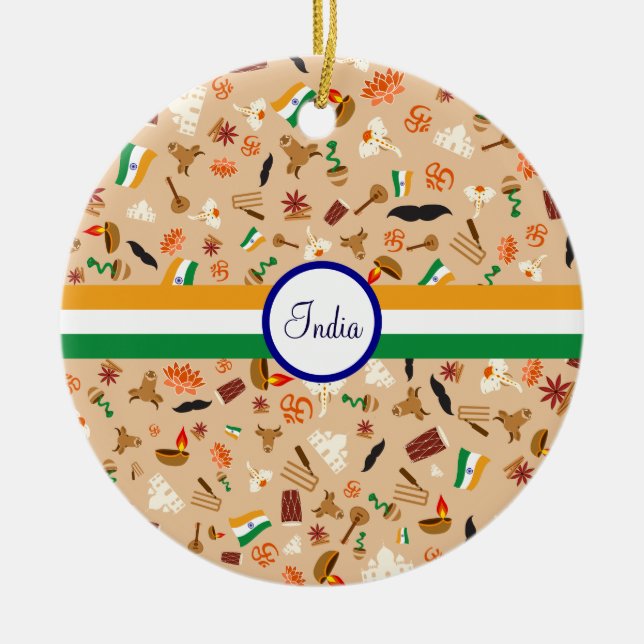 Indian cultural items with flag and text ceramic ornament (Front)