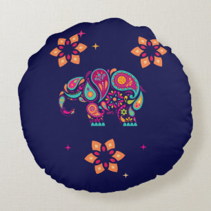INDIAN DIWALI ELEPHANT COLORFUL DESIGN ROUND CUSHION