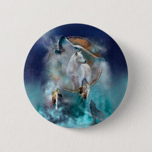 Indian dreamcatcher and ethnic tribal head wolf 6 cm round badge