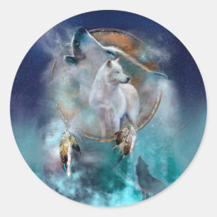 Indian dreamcatcher and ethnic tribal head wolf classic round sticker