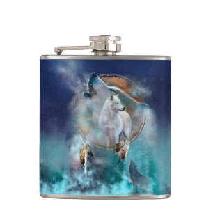 Indian dreamcatcher and ethnic tribal head wolf hip flask