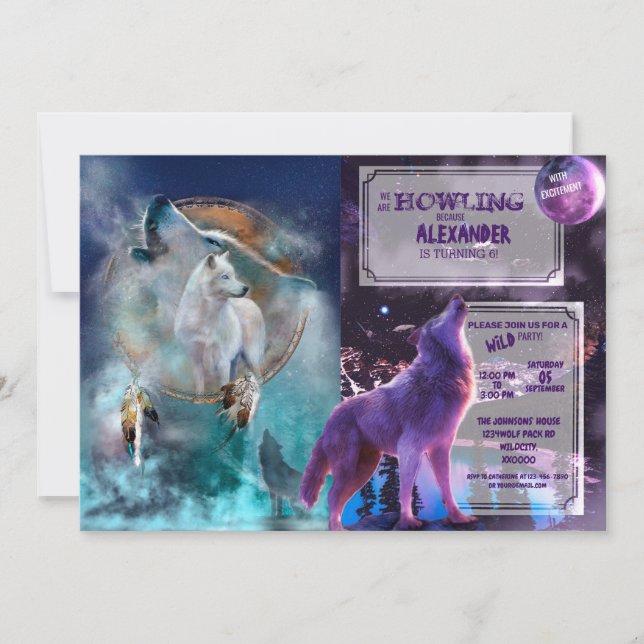 Indian dreamcatcher and ethnic tribal head wolf invitation (Front)