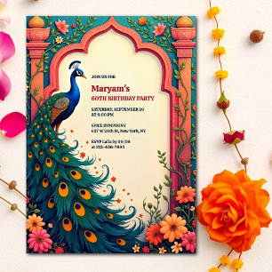 Indian Elegant Floral Arch Peacock 60th Birthday Invitation