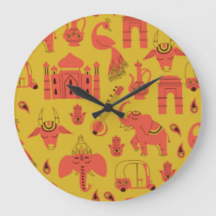 Indian Elements, Hand Drawn Vintage. Large Clock