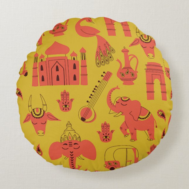Indian Elements, Hand Drawn Vintage. Round Cushion (Front)