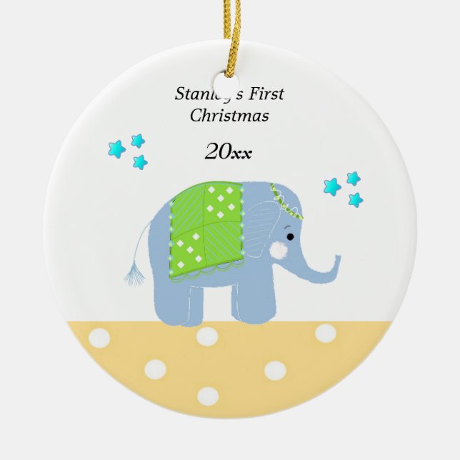 Indian Elephant Baby's First Christmas Ceramic Ornament (Front)