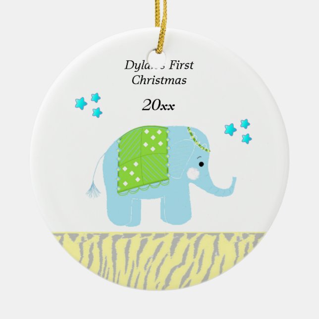 Indian Elephant Baby's First Christmas Ceramic Tree Decoration (Front)