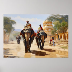 Indian elephant drivers oil painting poster