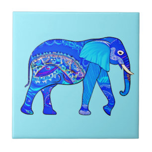 Indian Elephant in a Blue Arabesque Pattern Ceramic Tile