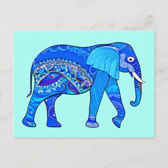 Indian Elephant in a Blue Arabesque Pattern Postcard (Front)