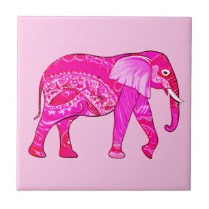 Indian Elephant in a Fuchsia Pink Arabesque Patter Ceramic Tile
