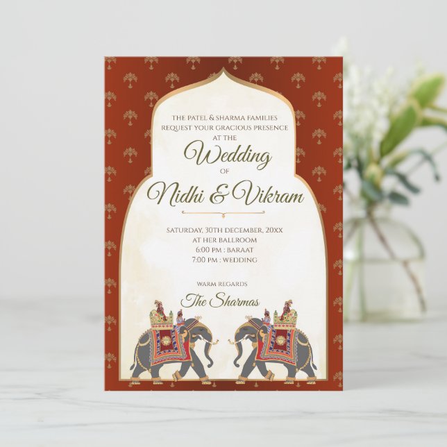 Indian Elephant invitations & Hindu wedding cards (Standing Front)