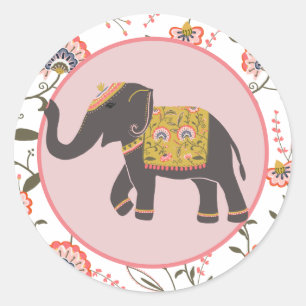 Indian Elephant Pink Yellow Flower Pattern Classic Round Sticker