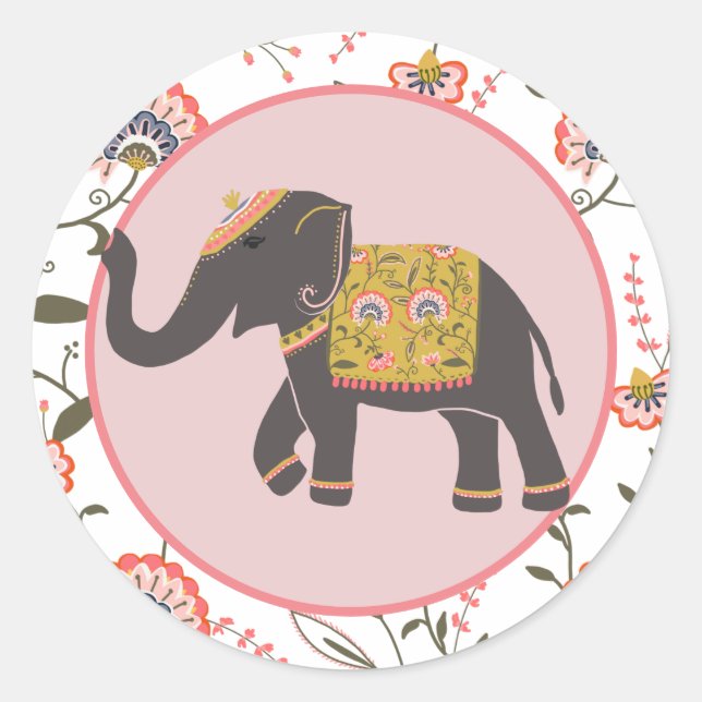 Indian Elephant Pink Yellow Flower Pattern Classic Round Sticker (Front)
