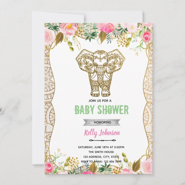 Indian elephant shower birthday invitation (Front)