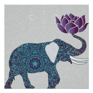 Indian Elephant Teal And Purple Lotus Poster