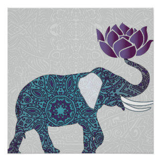 Indian Elephant Teal And Purple Lotus Poster