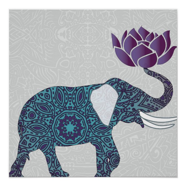 Indian Elephant Teal And Purple Lotus Poster (Front)