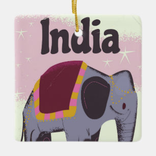 Indian Elephant vintage travel poster print. Ceramic Tree Decoration