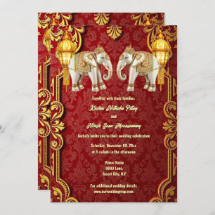 Indian elephants burgundy gold lanterns Hindi chic Invitation