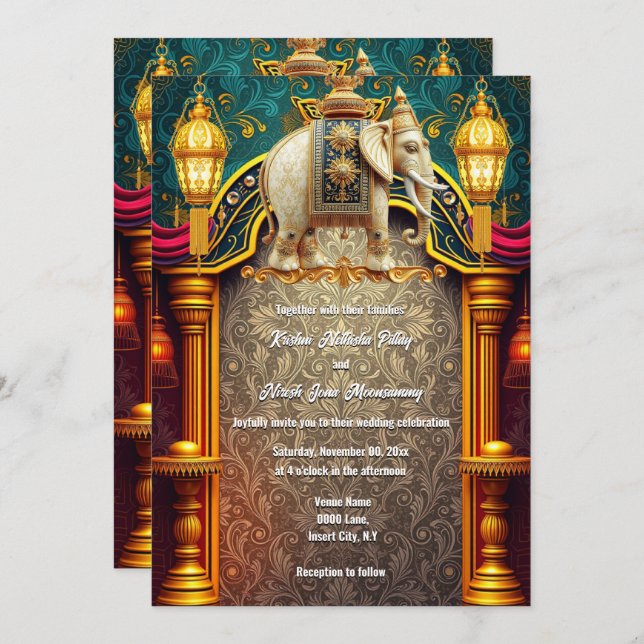 Indian elephants burgundy gold lanterns luxurious  invitation (Front/Back)