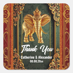 Indian elephants burgundy green gold floral asian  square sticker