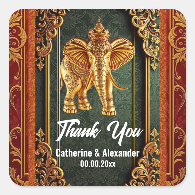 Indian elephants burgundy green gold floral asian  square sticker (Front)