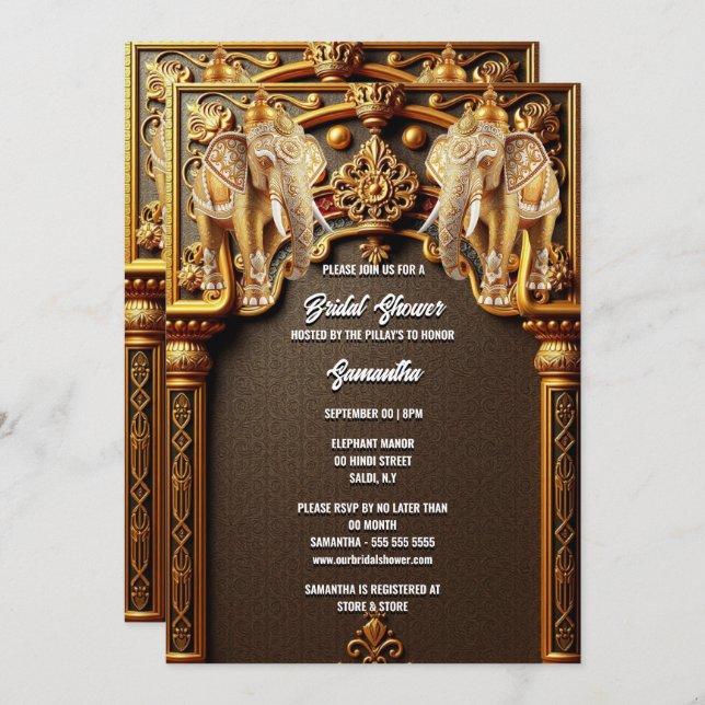 Indian elephants floral gold luxury bridal shower invitation (Front/Back)