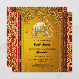 Indian elephants gold red luxurious bridal shower holiday card