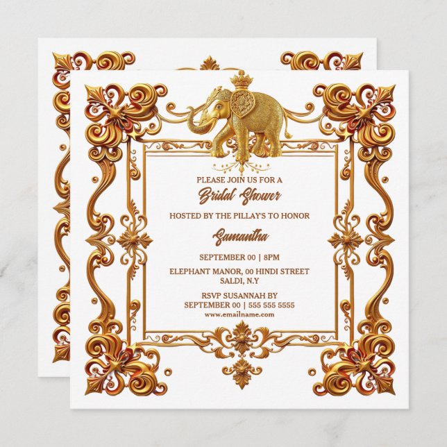 Indian elephants gold white ornate bridal shower holiday card (Front/Back)