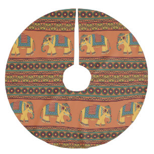 Indian Elephants, Orange Traditional Seamless. Brushed Polyester Tree Skirt