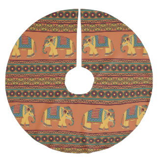 Indian Elephants, Orange Traditional Seamless. Brushed Polyester Tree Skirt