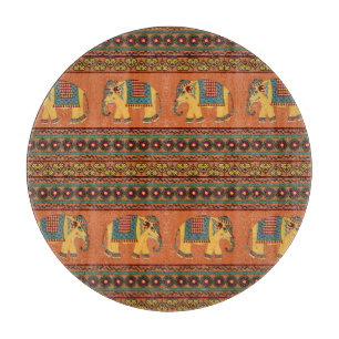 Indian Elephants, Orange Traditional Seamless. Cutting Board