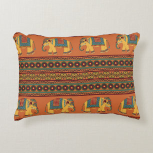 Indian Elephants, Orange Traditional Seamless. Decorative Cushion