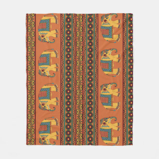 Indian Elephants, Orange Traditional Seamless. Fleece Blanket