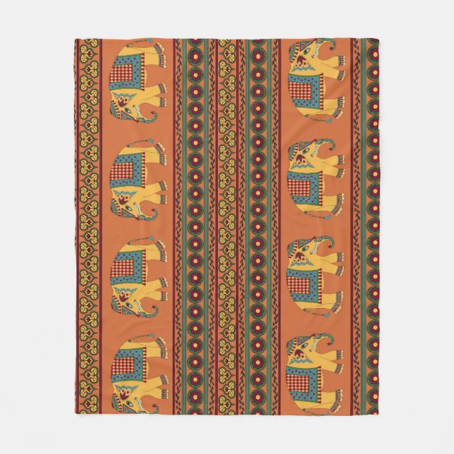 Indian Elephants, Orange Traditional Seamless. Fleece Blanket (Front)