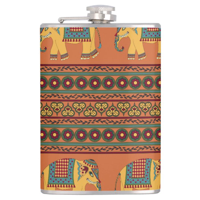 Indian Elephants, Orange Traditional Seamless. Hip Flask (Front)
