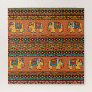 Indian Elephants, Orange Traditional Seamless. Jigsaw Puzzle