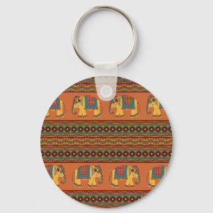 Indian Elephants, Orange Traditional Seamless. Key Ring