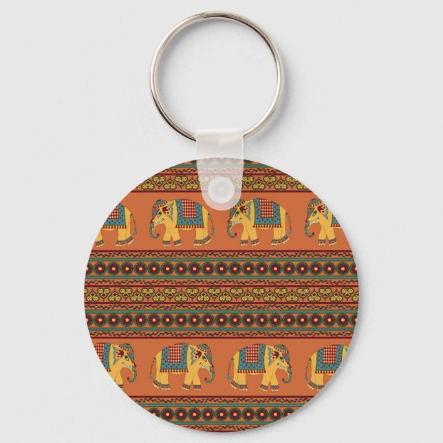 Indian Elephants, Orange Traditional Seamless. Key Ring (Front)